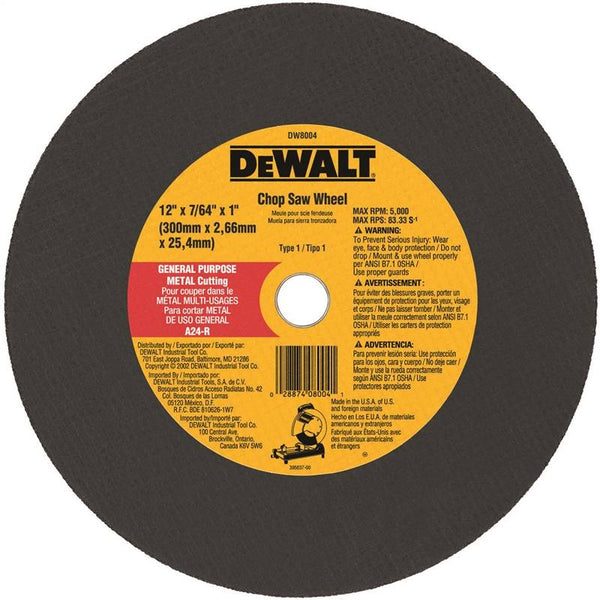 DeWALT DW8004 Cutting Wheel, 12 in Dia, 7/64 in Thick, 1 in Arbor, Coarse, Aluminum Oxide Abrasive
