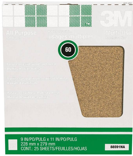 3M 88591 Sandpaper Sheet, 11 in L, 9 in W, Medium, 60 Grit, Aluminum Oxide Abrasive, Cloth Backing