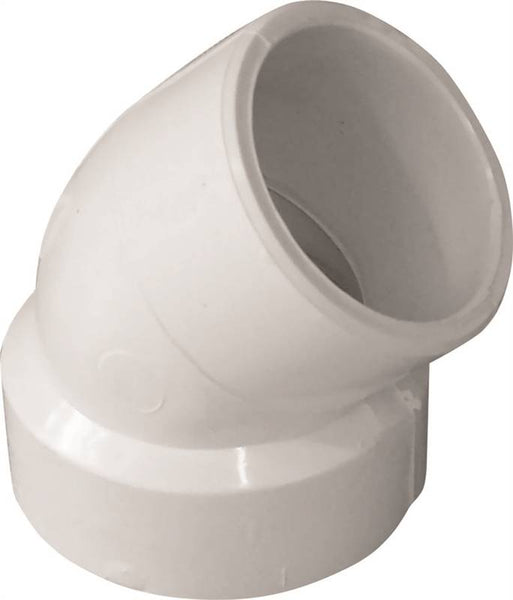 CANPLAS 192421P Pipe Elbow, 1-1/2 in, Hub x Spigot, 45 deg Angle, PVC, White, SCH 40 Schedule