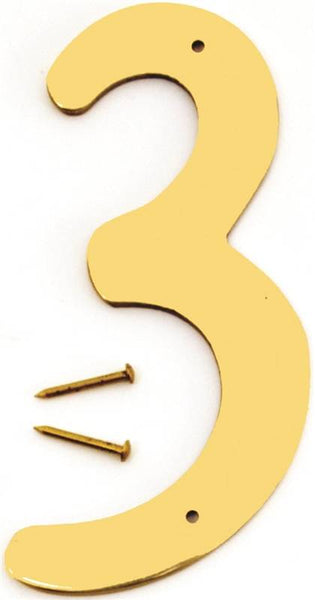 HY-KO BR-40/3 House Number, Character: 3, 4 in H Character, 2-1/2 in W Character, Brass Character, Brass