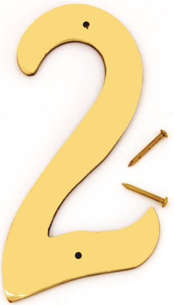 HY-KO BR-40/2 House Number, Character: 2, 4 in H Character, 2-1/2 in W Character, Brass Character, Solid Brass