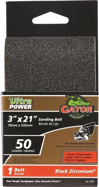 Gator 7777 Sanding Belt, 3 in W, 21 in L, 50 Grit, Coarse, Zirconium Oxide Abrasive