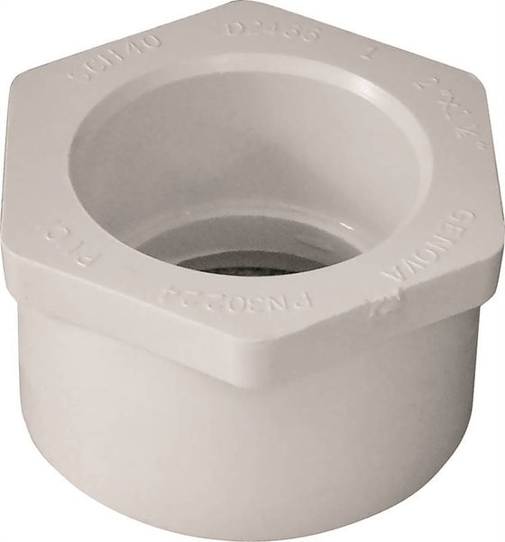 LASCO 437250BC Reducing Bushing, 2 x 1-1/4 in, Spigot x Slip, PVC, White, SCH 40 Schedule