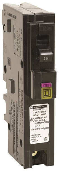 Square D HOM115PDFC Circuit Breaker, Dual Function, Mini, 15 A, 1 -Pole, 120 V, Plug Mounting
