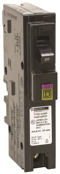 Square D HOM120PDFC Circuit Breaker, Dual Function, Mini, 20 A, 1 -Pole, 120 V, Plug Mounting