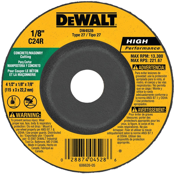 DeWALT DW4528 Grinding Wheel, 4-1/2 in Dia, 1/8 in Thick, 7/8 in Arbor, 24 Grit, Coarse, Silicone Carbide Abrasive