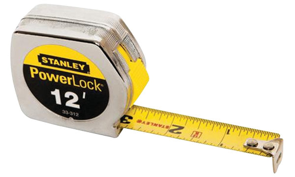 STANLEY 33-312L Tape Measure, 12 ft L Blade, 3/4 in W Blade, Steel Blade, Metal Case, Chrome Case