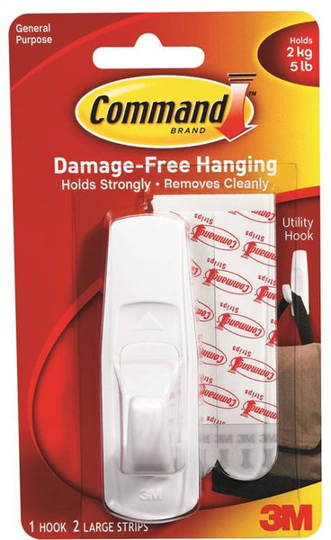 Command 17003 Utility Hook, 7/8 in Opening, 5 lb, 1-Hook, Plastic, White
