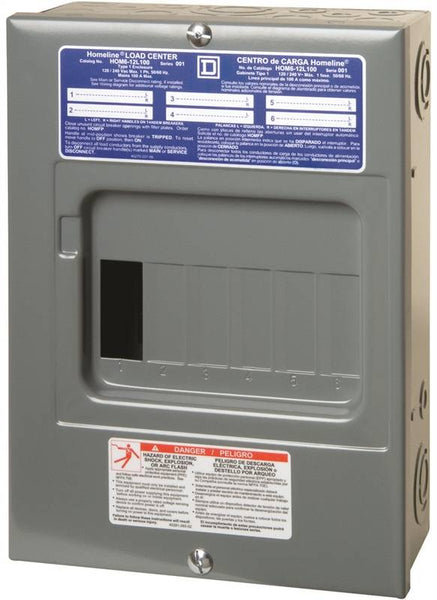 Square D Homeline HOM612L100SCP Load Center, 100 A, 6 -Space, 12 -Circuit, Main Lug, NEMA 1 Enclosure, Gray