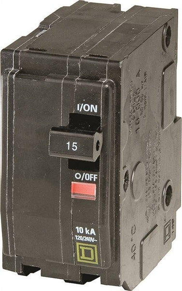 Square D QO QO215CP Circuit Breaker, Mini, 15 A, 2 -Pole, 120/240 VAC, 48 VDC, Plug Mounting, Black