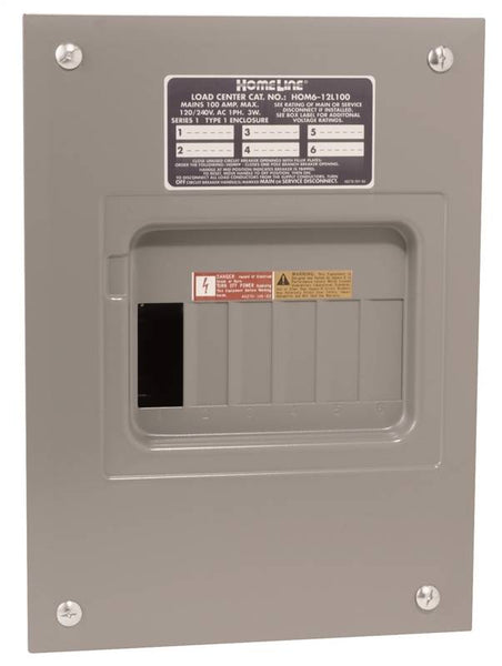 Square D Homeline HOM612L100FCP Load Center, 100 A, 6 -Space, 12 -Circuit, Main Lug, NEMA 1 Enclosure, Gray