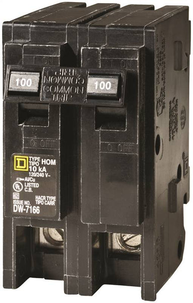 Square D Homeline HOM2100CP Circuit Breaker, Mini, 100 A, 2 -Pole, 120/240 V, Fixed Trip, Plug Mounting, Black