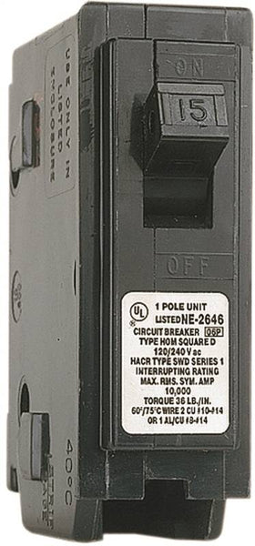 Square D Homeline HOM115CP Circuit Breaker, Mini, 15 A, 1 -Pole, 120 V, Fixed Trip, Plug Mounting, Black