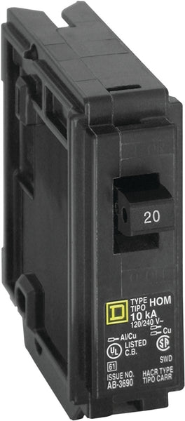 Square D Homeline HOM120CP Circuit Breaker, Mini, 20 A, 1 -Pole, 120 V, Fixed Trip, Plug Mounting, Black