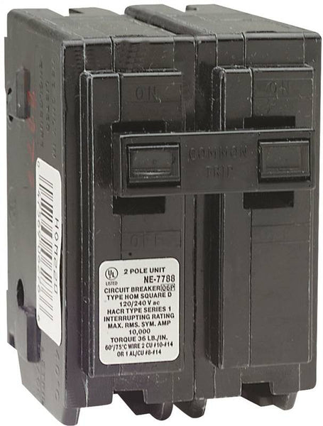 Square D Homeline HOM260CP Circuit Breaker, Mini, 60 A, 2 -Pole, 120/240 V, Fixed Trip, Plug Mounting, Black