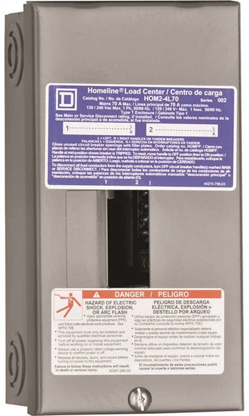 Square D Homeline HOM24L70SCP Load Center, 70 A, 2 -Space, 4 -Circuit, Main Lug, NEMA 1 Enclosure, Plug Mounting