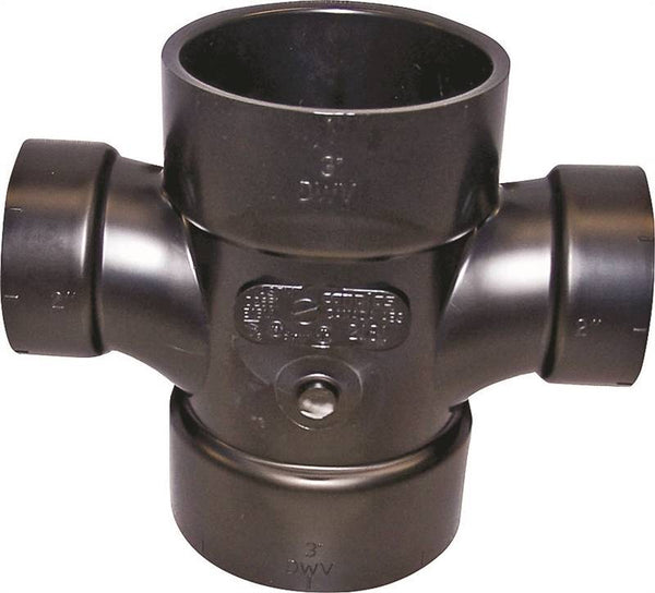 CANPLAS 102181BC Reducing Double Sanitary Pipe Tee, 3 x 2 in, Hub, ABS, Black