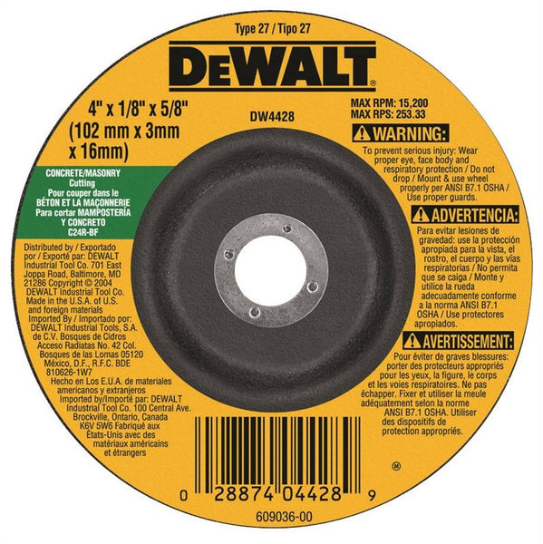 DeWALT DW4428 Grinding Wheel, 4 in Dia, 1/8 in Thick, 5/8 in Arbor, 24 Grit, Coarse, Silicone Carbide Abrasive