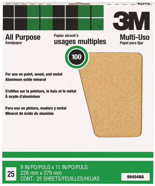 3M 99404 Sandpaper Sheet, 11 in L, 9 in W, Medium, 100 Grit, Aluminum Oxide Abrasive, Paper Backing