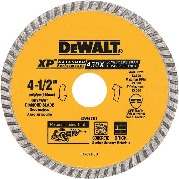 DeWALT DW4701 Circular Turbo Blade, 4-1-2 in Dia, 7-8 in Arbor, Diamond Cutting Edge, Continuous Rim