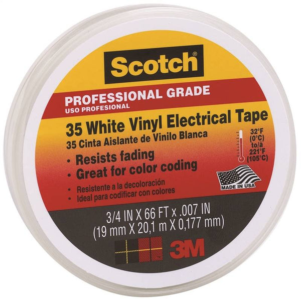 Scotch 10828-DL-2W Electrical Tape, 66 ft L, 3/4 in W, PVC Backing, White