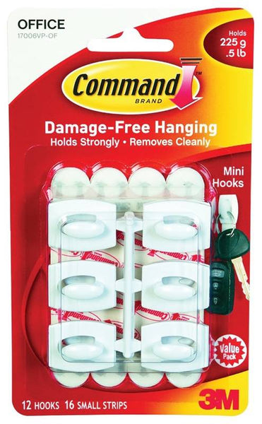 Command 17006-VP Adhesive Hook, 0.5 lb, 18-Hook, Plastic, White