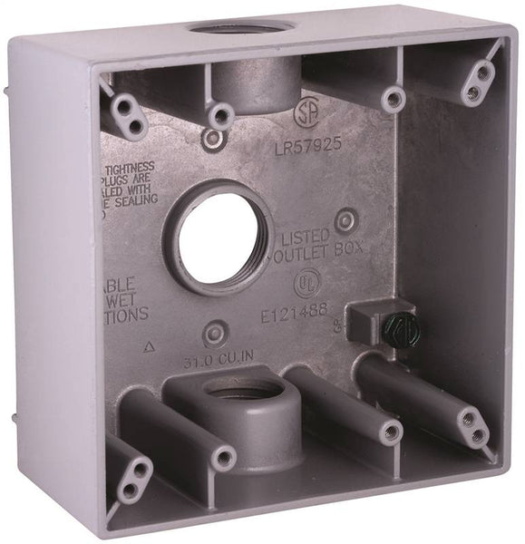 HUBBELL 5341-0 Weatherproof Box, 3 -Outlet, 2 -Gang, Aluminum, Gray, Powder-Coated, Horizontal/Vertical Mounting