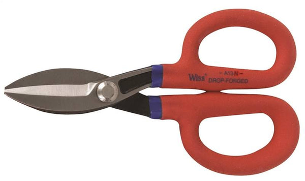 Crescent Wiss A13N Tinner's Snip, 7 in OAL, 1-3-4 in L Cut, Straight Cut, Steel Blade, Cushion-Grip Handle, Red Handle