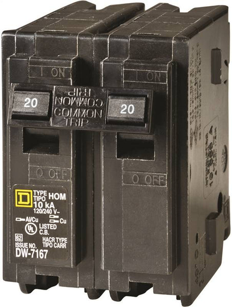 Square D Homeline HOM220C Circuit Breaker, Mini, 20 A, 2 -Pole, 120/240 V, Plug Mounting, Black