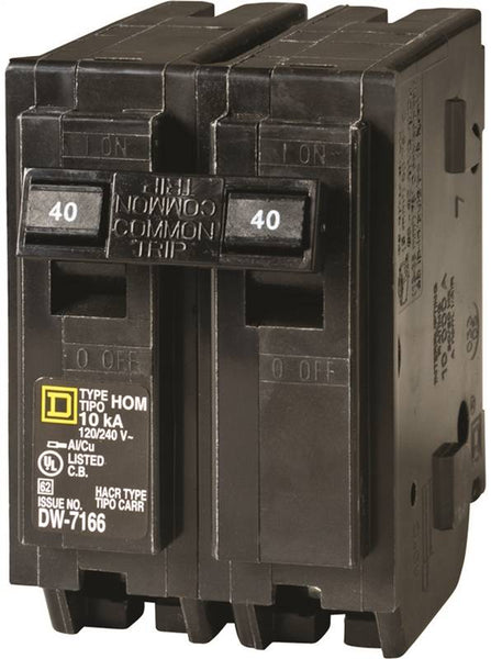 Square D Homeline HOM240C Circuit Breaker, Mini, 40 A, 2 -Pole, 120/240 V, Plug Mounting, Black