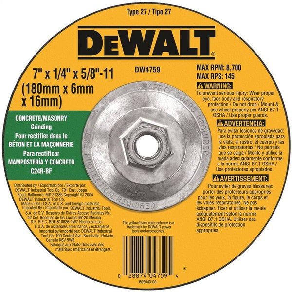 DeWALT DW4759 Grinding Wheel, 7 in Dia, 1/4 in Thick, 5/8-11 in Arbor, 24 Grit, Very Coarse