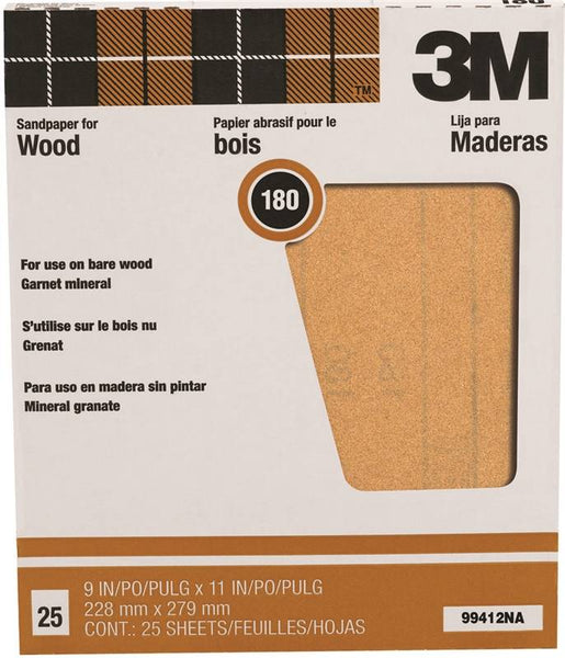 3M 99412NA Sandpaper, 11 in L, 9 in W, Fine, 180 Grit, Garnet Abrasive, Paper Backing