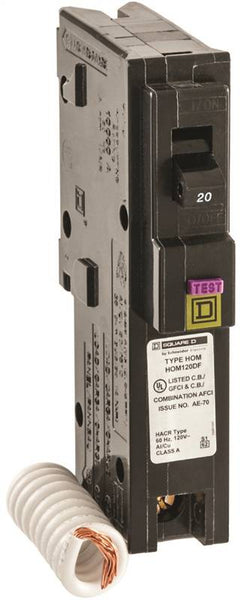 Square D HOM120DFC Circuit Breaker, Dual Function, Mini, 20 A, 1 -Pole, 120 V, Plug Mounting