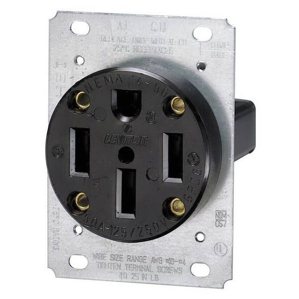 Leviton R10-00279-S00 Electrical Receptacle, 3 -Pole, 125/250 V, 50 A, NEMA: NEMA 14-50R, Black