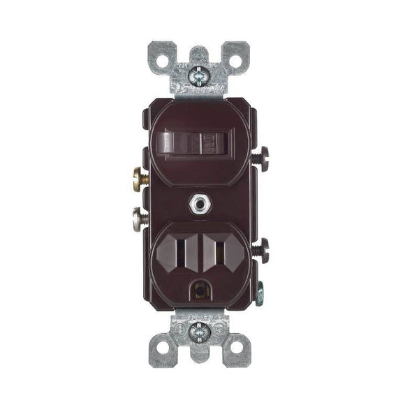 Leviton S00-05225-00S Combination Switch/Receptacle, 1 -Pole, 15 A, 120 V Switch, 125 V Receptacle, Brown