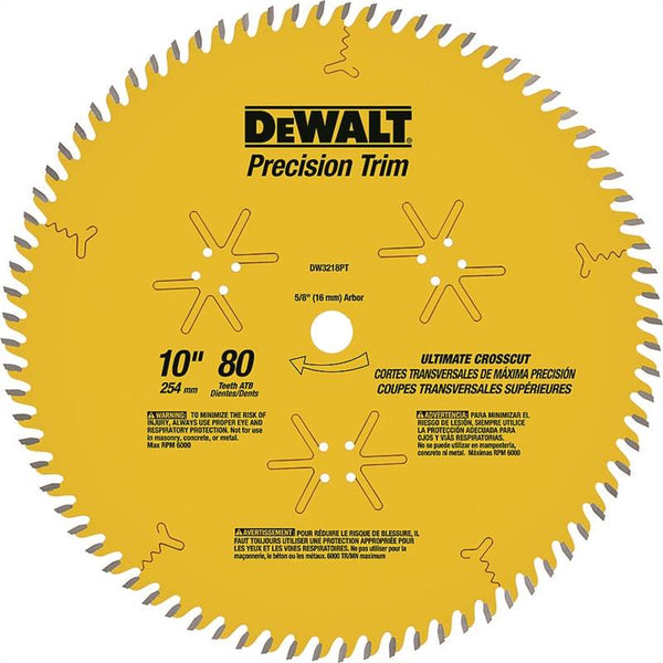 DeWALT Precision Trim DW3218PT Saw Blade, 10 in Dia, 5/8 in Arbor, 80-Teeth, Carbide Cutting Edge