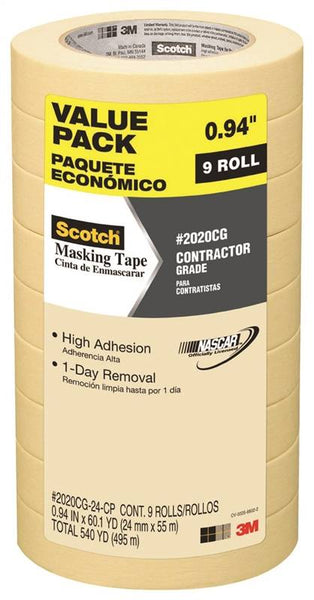 Scotch 2020-24A-CP Masking Tape, 60 yd L, 0.94 in W, Crepe Paper Backing, Beige