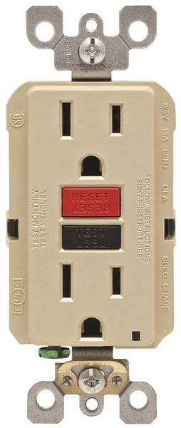 Leviton R71-GFNT1-0RI GFCI Duplex Receptacle, 2 -Pole, 15 A, 125 V, Back, Side Wiring, NEMA: 5-15R, Ivory