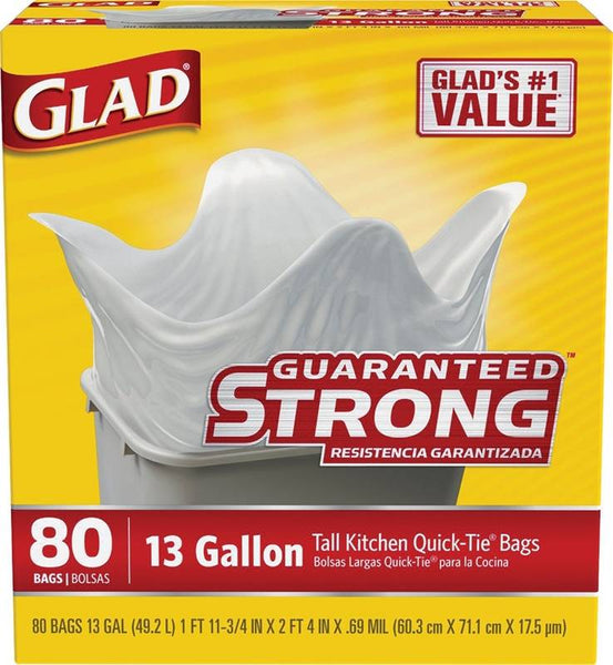 GLAD 60034 Tall Kitchen Trash Bag, 13 gal Capacity, LLDPE, White