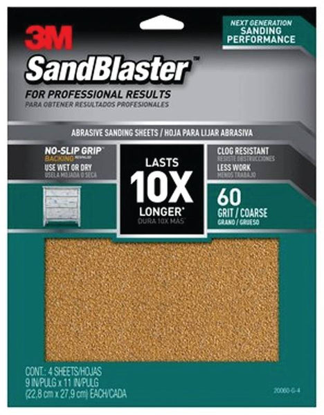 3M SandBlaster Series 20060-G-4 Sandpaper, 11 in L, 9 in W, 60 Grit, Coarse, Synthetic Mineral Abrasive
