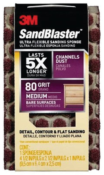 Scotch 20908-80-UFS Sanding Sponge, 4-1/2 in L, 2-1/2 in W, 80 Grit, Medium, Aluminum Oxide Abrasive