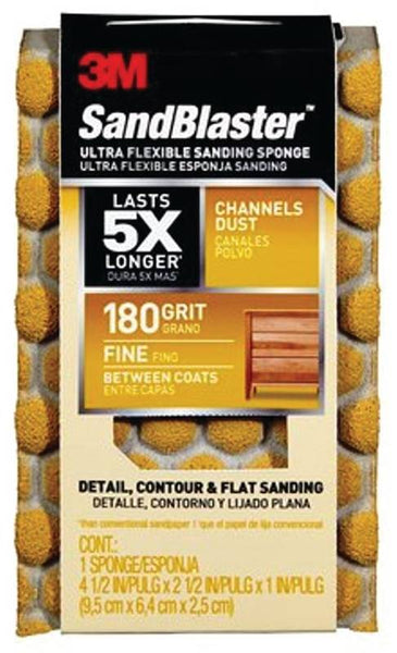 Scotch 20907-180-UFS Sanding Sponge, 4-1/2 in L, 2-1/2 in W, 180 Grit, Fine, Aluminum Oxide Abrasive