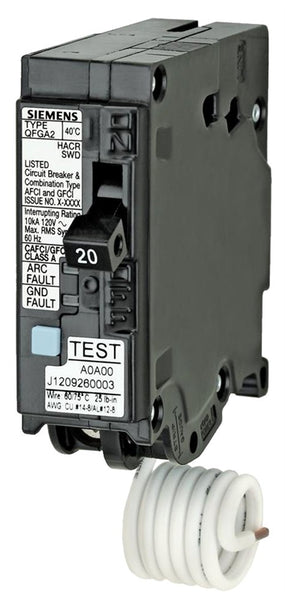 Siemens Q120DF Circuit Breaker, AFCI, GFCI, 20 A, 1 -Pole, 120 V, Instantaneous, Non-Interchangeable Trip, Black