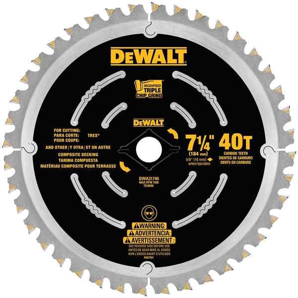 DeWALT DWA31740 Decking Saw Blade, 7-1/4 in Dia, 5/8 in Arbor, 40-Teeth