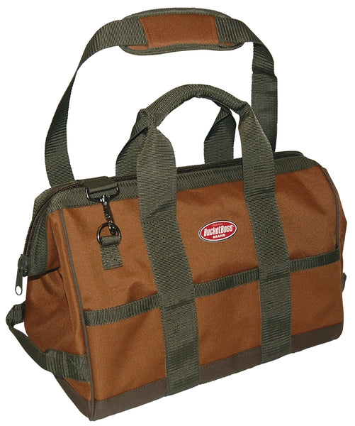 Bucket Boss Original Series 60016 Gatemouth Tool Bag, 16 in W, 9 in D, 12 in H, 16-Pocket, Poly Ripstop Fabric, Brown