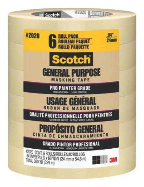 Scotch 2020-24ECP Masking Tape, 60 yd L, 0.94 in W, Crepe Paper Backing, Tan