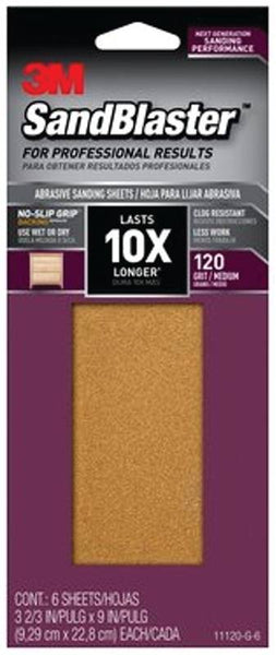 3M SandBlaster Series 11120-G-6 Sandpaper, 9 in L, 3-2/3 in W, 120 Grit, Medium, Aluminum Oxide Abrasive