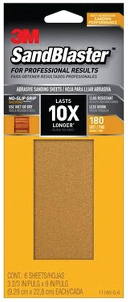 3M SandBlaster Series 11180-G-6 Sandpaper, 9 in L, 3-2/3 in W, 180 Grit, Medium, Synthetic Mineral Abrasive