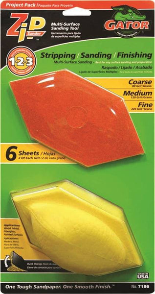 Gator Zip Sander 7186 Sander Tool Kit, 6 in L, 3 in W, 80, 120, 220 Grit, Extra Fine, Fine, Medium