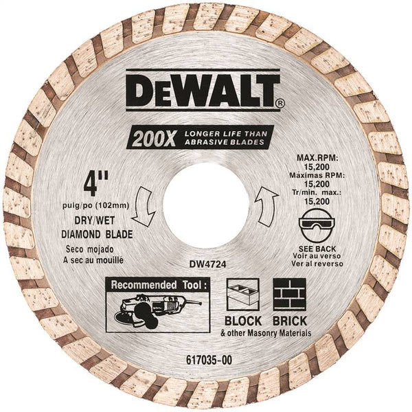 DeWALT DW4724 Circular Blade, 4 in Dia, 7/8 in Arbor, Diamond Cutting Edge, Continuous Rim